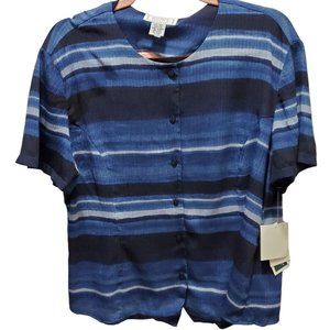 Jennifer Moore 100% Silk Shirt Woman Size 16 Petite  Blue stripes button boho